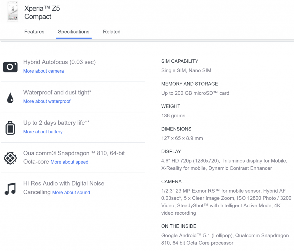 Z5 Compact Spec