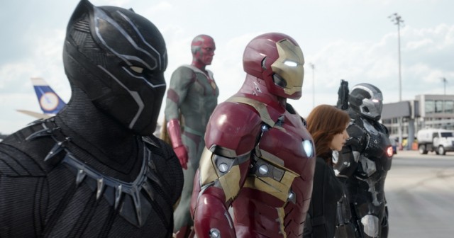 Marvel's Captain America: Civil War..L to R: Black Panther/T'Challa (Chadwick Boseman), Vision (Paul Bettany), Iron Man/Tony Stark (Robert Downey Jr.), Black Widow/Natasha Romanoff (Scarlett Johansson), and War Machine/James Rhodey (Don Cheadle)...Photo Credit: Film Frame..© Marvel 2016