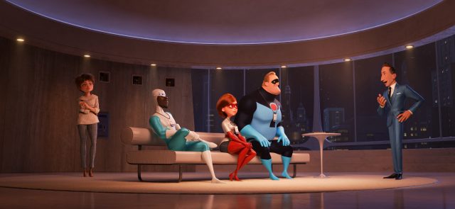 SUPER FANS – In “Incredibles 2,” savvy siblings and business partners Evelyn and Winston Deavor summon Frozone, Elastigirl and Mr. Incredible to share a plan designed to ultimately make Supers legal again. Featuring Catherine Keener as the voice of Evelyn, Samuel L. Jackson as the voice of Frozone, Holly Hunter as the voice of Elastigirl, Craig T. Nelson as the voice of Mr. Incredible and Bob Odenkirk as the voice of Winston, Disney•Pixar’s “Incredibles 2” busts into theaters on June 15, 2018. ©2018 Disney•Pixar. All Rights Reserved.